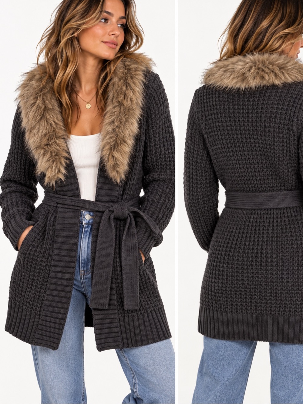 Old Navy Faux Fur Collar Chunky Knit Belted Cardigan Sweater Coat L